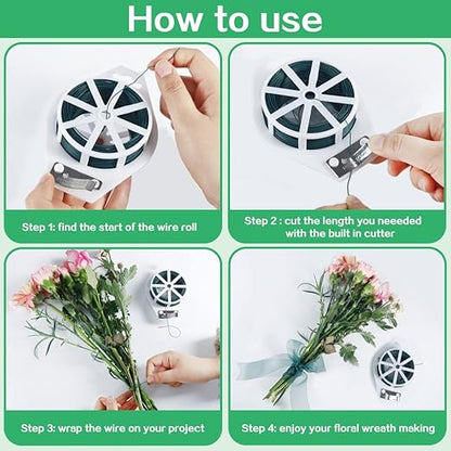 Floral Wire, 110 Yards Flexible Craft Wire for Wreath 22 Gauge Green Florist Supplies with Built-in Cutter for Christmas Tree, Garland and Flower Arrangements, Plant Support