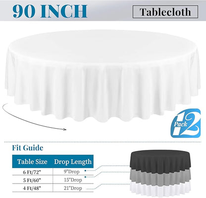 fani 12 Pack 90 Inch Round Tablecloth, White Polyester Tablecloth for Round Table,Washable Fabric Table Cover for Wedding Party Dining Buffet Banquet Restaurant and Camping