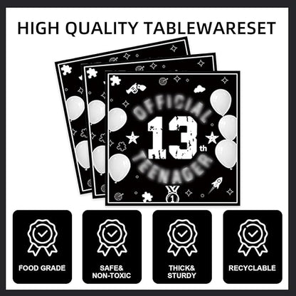 123pcs 13th Party Decorations,13th Silver Black Birthday Banner,Flags,Paper,cups,Straws,Forks,Cake Toppers,Dessert plates,Tablecloths and dinner plates,Officially a Teenager 13th Birthday Supplies