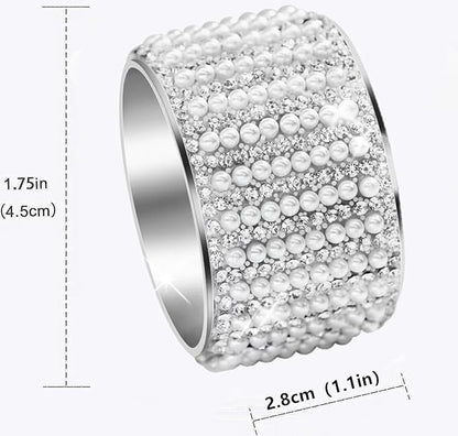 Silver Pearls 6pcs Napkin Rings Rhinestone Crystal Glass Framed Napkin Holder Handmade Serviette Buckles for Christmas, Easter, Thanksgiving Day Wedding Banquet Home Party Decoration Dining Table