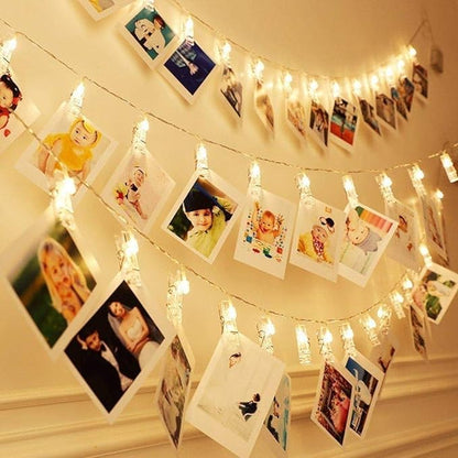Dopheuor LED Photo Clip Copper String Lights Starry Fairy Warm Yellow Lights Battery Powered for Hang Pictures Cards Bedroom Wall Decorations Christmas Patio Halloween Thanksgiving WeddingParty Decor