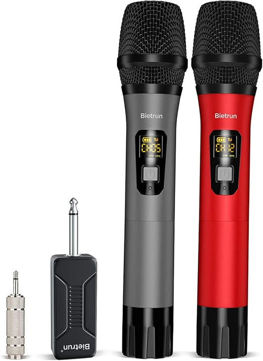 Bietrun Wireless Microphone, Professional UHF Metal Dual Handheld Cordless Dynamic Mic System Set with Rechargeable Receiver, 1/4‘’Output, Plug and Play, Instrument-Wireless-Mics for Karaoke, Wedding