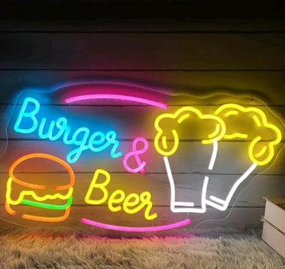 Burger & Beer Neon Sign, Custom Hamburger Snack Bar LED Neon Night Home Wall Decor Fast Food Coffee Shop Restaurant Pub Business Decoration Size:20x13inches