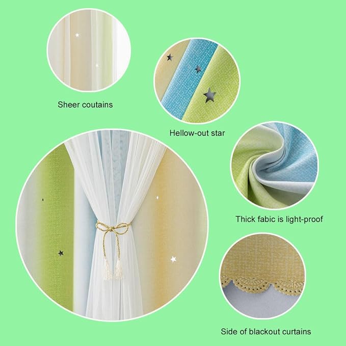 FANLI Ombre Rainbow Blackout Curtains for Kid Girls Bedroom Living Room Darking Stripe Double Layer Star Cut Out Wall Home Decor Gradient Grommet Window Curtains （Blue Green 52Wx72L）