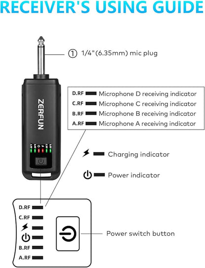 Rechargeable Wireless Microphones 4, Pro Handheld Cordless Mics System Dynamic with Echo Treble BASS VOL Control for Karaoke Singing Church Party, 1/4'' Output, D240, Grey&Red
