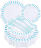 COLOSUS 150pcs Disposable Blue and White Striped Easter Plastic Party Plates and Silverware set, Light Blue Dinner/Dessert Plates silverware serve 30guests for Birthday Wedding Party and Daily use.