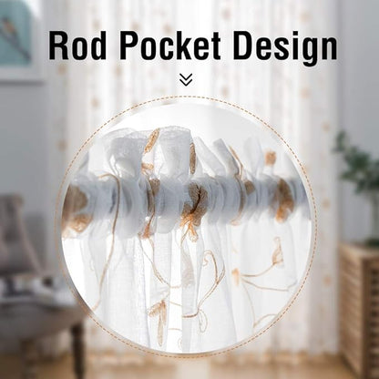 Embroidery Sheer Curtains Gold 63 Inch Length, Rod Pocket Voile Drapes for Living room, Bedroom, Window Treatments Semi Crinkle Curtain Panels for Yard, Patio, Villa, Parlor, Set of 2, 52"x 63".