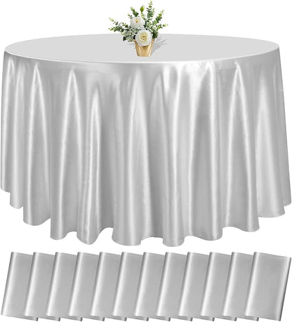 12 Pack 120 Inch Silver Satin Tablecloth - Premium Bright Silky Round Tablecloth Overlay Smooth Fabric Table Cover, Table Decoration for Wedding Party Banquet Events Restaurant Kitchen Dining