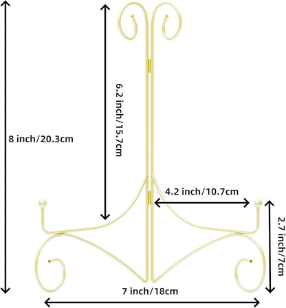 Plate Display Stands with Hinged Folding Design, 8 Inch Picture Frame Stand for Tables, Decorative Easels for Plates, Photos, Cards and Books, 8’’ Gold
