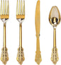 WDF 200 Pieces Gold Plastic Silverware Disposable - 50 Guests Heavy Duty Thanksgiving Gold Plastic Cutlery - Disposable Utensils Includes 100 Forks, 50 Spoons, 50 Knives Perfect for Party/Weeding