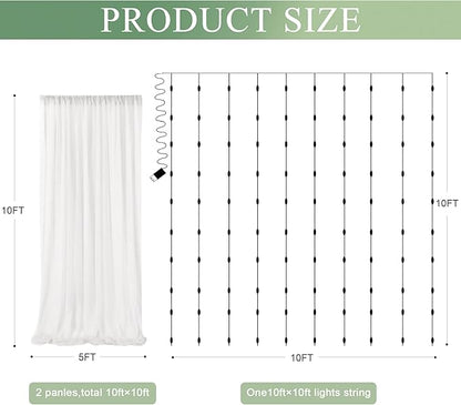 Tulle Backdrop Curtain with Lights String 10FT X 10FT Ivory Sheer Tulle Backdrop Curtains for Wedding Birthday Party Reception Photo Booth Background Decorations (2 Panels 5x10FT)