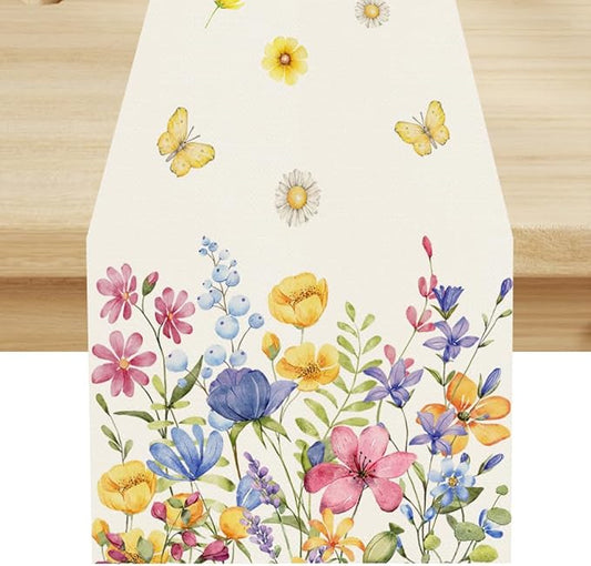 Flower Table Runner, Colorful Watercolor Pink Flower Plants Nature Butterfly Table Runner for Kitchen Dinner Living Room Home Party, 13x120 Inch
