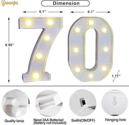 Pooqla Decorative LED Light Up Number Letters, White Plastic Marquee Number Lights Sign for 70th Birthday Party Wedding Decor, Battery Operated (70)