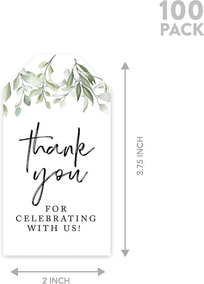 Andaz Press 100-Pack Thank You for Celebrating with Us Favor Tags Greenery Leaves Cardstock Gift Tags with Bakers Twine for Wedding Baby Shower Bridal Shower Birthday Party Favors 2 x 3.75-Inches