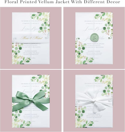 PONATIA 50 PCS Vellum Jackets for 5x7 Invitation Cards- 135GSM Green Eucalyptus Vellum Sleeves, Wedding Invitations Wraps Transparent Christmas Gift Cards Jackets