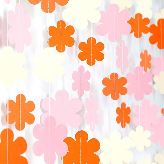 Orange-Pink Fall Party-Decorations Streamers-Garland - 52ft Boho Flower Hanging Paper Banner, Groovy Birthday Baby Bridal Shower Bachelorette Wedding Engagement Thanksgiving Day HalloweenDecor Hugfond