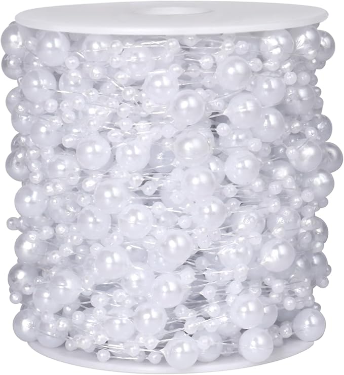98FT Pearl Beads String Garland, 8mm 3mm White Faux Pearl Beads Roll Strand Bulk for Wedding Party Flower Christmas Decoration DIY Craft