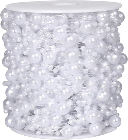 98FT Pearl Beads String Garland, 8mm 3mm White Faux Pearl Beads Roll Strand Bulk for Wedding Party Flower Christmas Decoration DIY Craft