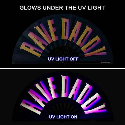 UV Glow Rave Fan, Bamboo Folding Clack Hand Fans Foldable for Men Women, Boots on the Ground Poping Fan for EDM Festival Line Dance Decoration, (Rave Daddy, Large 13")