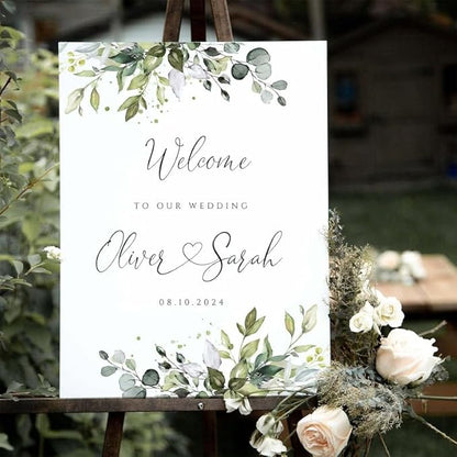 Wedding Sign, Wedding Welcome Sign, Greenery Wedding Welcome sign, Wedding Eucalyptus Sign, Wedding Sign Template, Welcome to our Wedding Sign with Stand