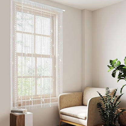 Hysenm Door String Curtains 39x79 Inch White Panel Soft Balls Romantic Glitter Fringe Room Divider Home Décor Wedding Girls Bedroom Window Living Room Backdrop Party Doorways Closet