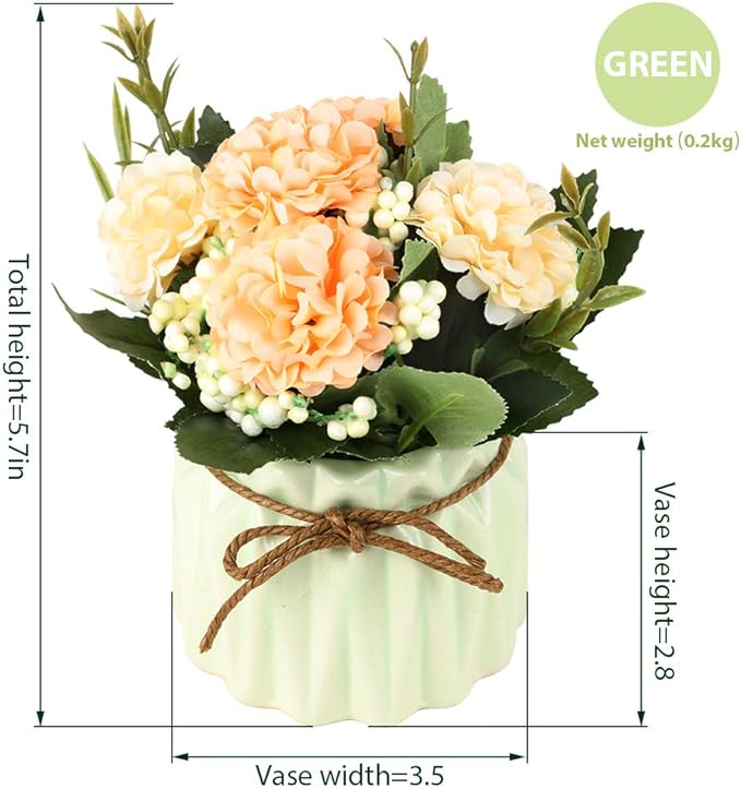 Artificial Hydrangea Bouquet with Small Ceramic Vase Fake Silk Variety Flower Balls Flowers Decoration for Table Home Party Office Wedding (White)