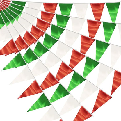 20M/65FT White Green Red Triangle Pennant Banner Flag Metallic Fabric Bunting Garland for Christmas Italy Mexican Birthday Baby Shower Wedding Banners,New Years Winter Decor Ouruola