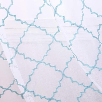 Embroidery Sheer Curtains Blue 63 Inch, Rod Pocket Voile Drapes for Living room, Bedroom, Window Treatments Moroccan Embroidery Semi Crinkle Curtain Panels for Yard, Patio, Villa, Set of 2, 52"x 63".