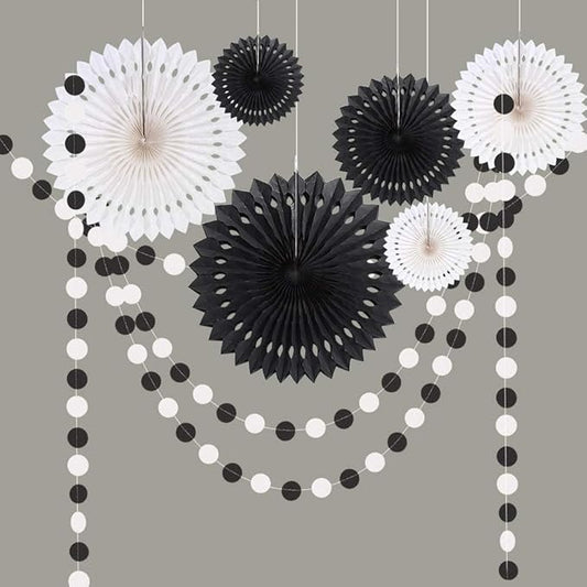 Cheerland Black White Party Decorations Hanging Paper Fans Garland Kit Gothic Decor Wedding Decoration Halloween Birthday Backdrop Baby Shower Goth Casino Emo Spooky Haunted House Party Supplies