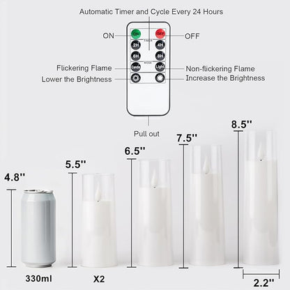 Amagic Pure White Flameless Candles, Battery Operated Candles, Acrylic Flickering LED Pillar Candles with Remote Control and Timer, 3D Wick, Yellow and Blue Glow, D2.2 xH5 5" 6" 7" 8", Set of 5