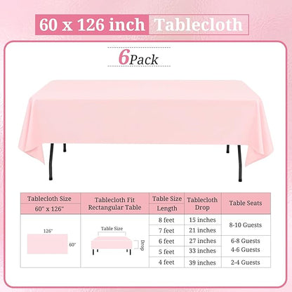 6 Pack Pink Tablecloths for 8ft Rectangle Tables 60 x 126 Inch - Polyester Table Cover Stain and Wrinkle Resistant Washable Fabric Table Clothes for Wedding Party Banquet Reception Restaurant