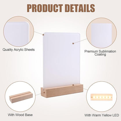 6" x 8"- 4 pcs Acrylic 2 pcs Frame Sublimation LED Acrylic Photo Frames Night Lights Blanks Heart Shape,with Warm Color Light with Wood Stand for Heat Press Machine Printing