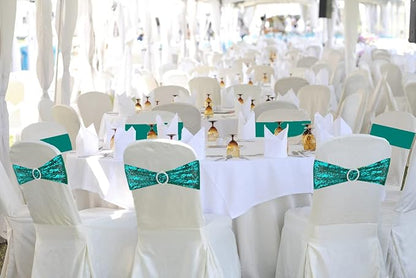 25 Pcs Chair Sashes Sequin Stretch Chair Bands Spandex Polyester Bows for Party Hotel Wedding Banquets Decoration - Teal