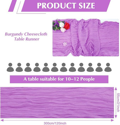 Light Purple Cheesecloth Table Runner -21*120Inch Long Boho Wedding Table Decor, Rustic Gauze Fabric Runner for Bridal Showers, Baby Showers & Parties (Sheer, Lightweight, Wrinkled Design)