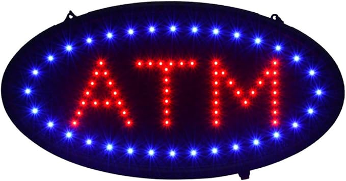 Boshen Led ATM Signs Decor for Bank Business Mart Shop Store Bar Cafe Now Open Sign Display On/Off Switch + Chain (19" Lx 10"W(Oval"ATM"))
