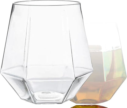 40 count Diamond Unbreakable Stemless Plastic Wine Champagne Whiskey Glasses Elegant Durable Disposable Indoor Outdoor Ideal for Home, Office, Bars, Wedding, 12 Ounce Cups (Clear)