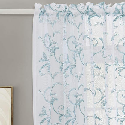Floral Embroidery Sheer Curtains Blue 45 Inch Length, Vintage Rod Pocket Voile Drapes for Living room, Bedroom, Window Treatments Semi Crinkle Curtain Panels for Villa, Parlor, Set of 2, 52"x 45".
