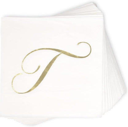 Gift Boutique 100 Gold Monogram Cocktail Napkins Letter T Disposable Paper Pack Elegant Metallic Golden Foil Hand Napkin for Powder Room Wedding Holiday Birthday Party Baby Shower Decorative Towels