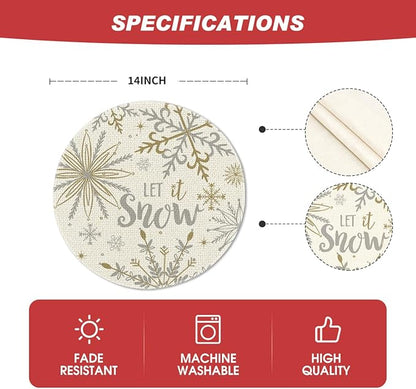 Artoid Mode Beige Snowflake Let It Snow Winter Placemats Set of 8, 14 Inch Seasonal Christmas Xmas Round Table Mats for Dining Decoration