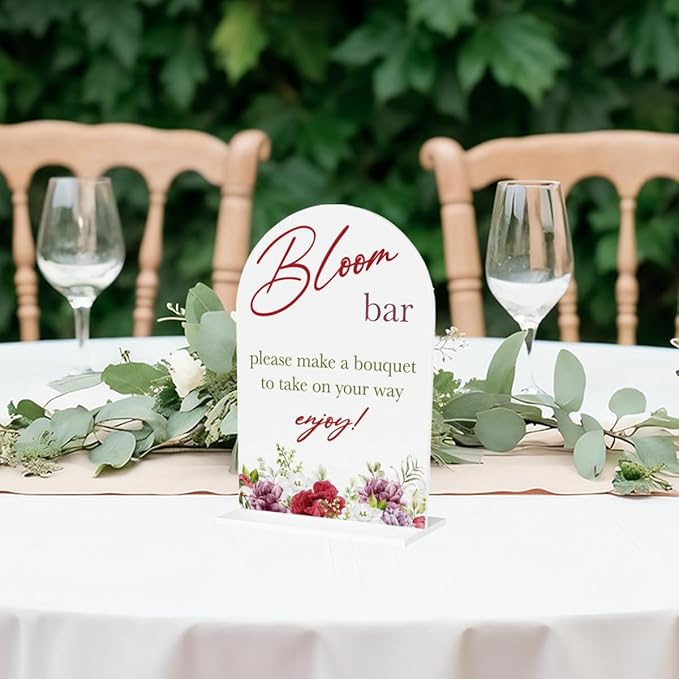 Bloom Flower Bar Sign for Wedding Bridal Shower Bouquet Bar Decor Sign Stuff Acrylic Arch Wedding Bridal Shower Baby Shower Welcome Table Signs for Ceremony and Reception 7 x 5 Inches