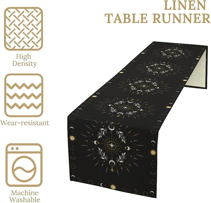 Sun Moon Table Runner, Magical Leaves Mysterious Western Traditional Elements Black White Table Runner for Party Living Room Home Kitchen Dinner Table Runner 13x120 Inch