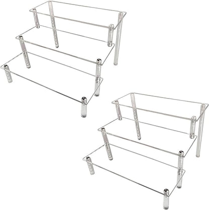 AZEAM 2 Packs Acrylic Display Risers,Clear Display Risers Stand Small Mini Shelf 3 Tiered Cupcake Stand for Food Desserts Stand Perfume Organizer Toys Collections Cosmetic Products Tabletop Use