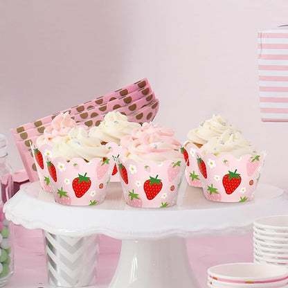 Whaline 36Pcs Strawberry Cupcake Wrappers Red Pink Strawberry Flower Cupcake Liners Decorative Cupcake Holders for Birthday Baby Shower Party Cake Decoration