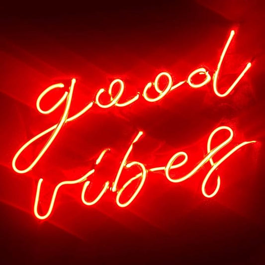 LiQi ™ ' GOOD VIBES ' Red Real Glass Handmade Neon Wall Signs for Home Decor Wall Light Room Decor Home Bedroom Girls Pub Hotel Beach Cocktail wedding vibes good vibes wall decor （14" x 11.5"）