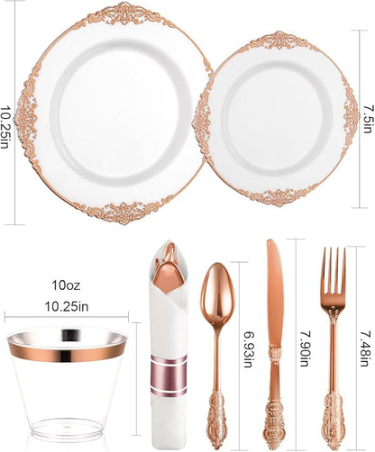 Goodluck 350 Piece Rose Gold Plastic Dinnerware Set for 50 Guests,Fancy Disposable Plates,Include: 100 Rose Gold Rim Plastic Plates,150 Silverwares,50 Pre Rolled Napkins,50 Cups for Party,Wedding