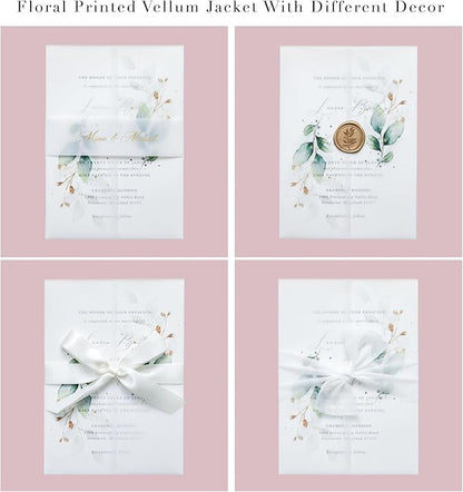 PONATIA 50PCS Vellum Jackets for 5x7 Invitation Cards - 135GSM Green Leaves Vellum Sleeves, 5x7'' Clear Jackets Wedding Invitations Wraps - Transparent Card Jackets