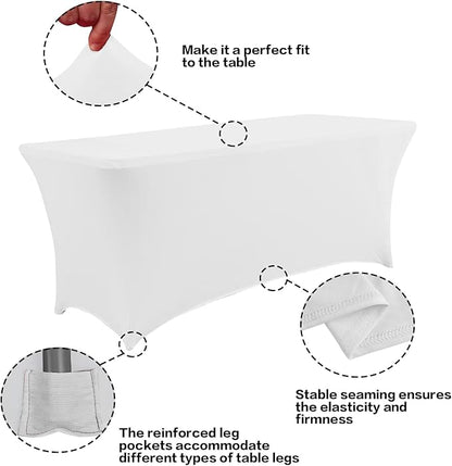 IVAPUPU 2 Pack 4FT Table Cloth for Rectangular Fitted Events Stretch White Table Covers Washable Cover Spandex Spring Tablecloth Protector for Party, Wedding, Cocktail, Banquet, Festival