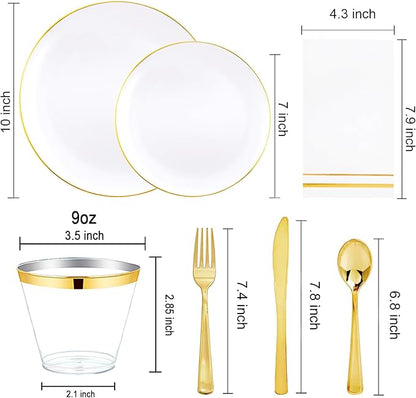 Festiva 350Pcs Gold Plastic Plates - White and Gold Dinnerware Set Disposable include 10" & 7" Plates,Cups,Silverware,Napkins -serve 50 Guests Perfect for Wedding& Birthday &Summer Party