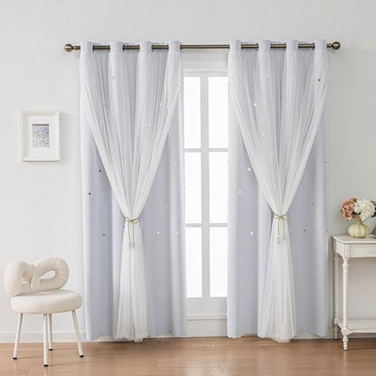 Ombre Rainbow Blackout Curtains for Kid Girls Bedroom Living Room Darking Stripe Double Layer Star Cut Out Wall Home Decor Gradient Grommet Window Curtains (Greywish White 72)