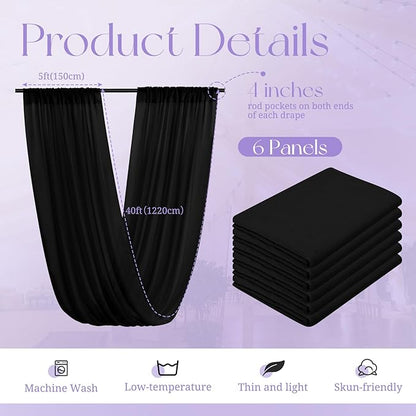 6 Panels Black Ceiling Drapes for Wedding, 5ftx40ft Ceiling Drapes Cheesecloth Sheer Fabric Curtain Wedding Arch Draping Fabric Romantic Ceilings Decorations for Weddings Party Ceremony Stage